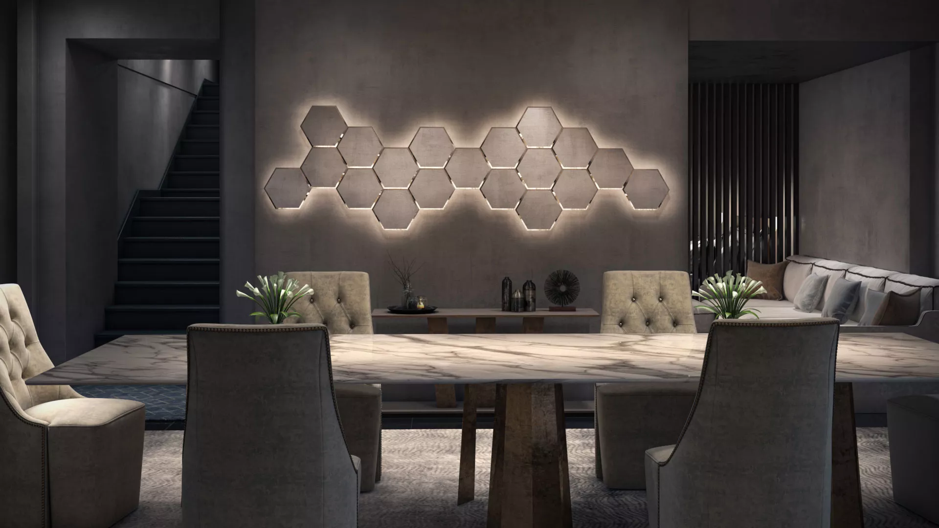 In a dining space with a long ceramic table, a wall lighted mirror is installed from Ajman.