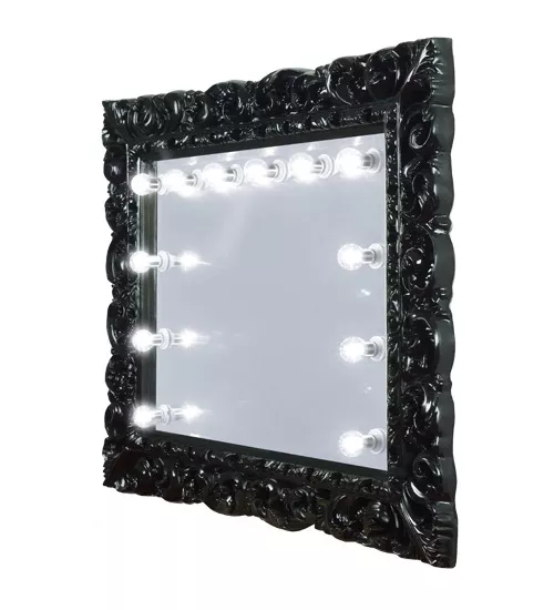 Ajman black ornate framed mirror with illuminated bulbs around in horizontal format.