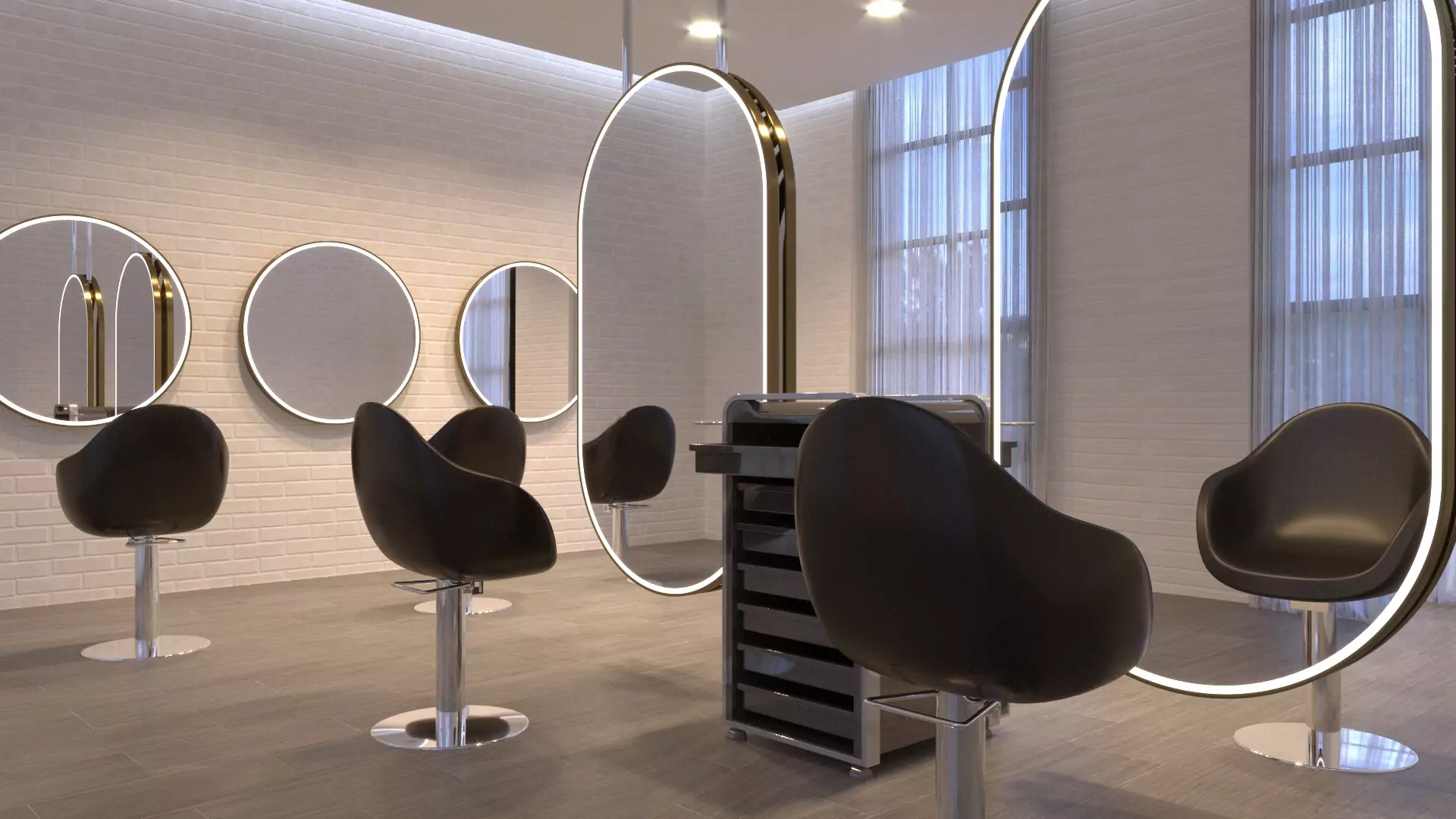 An elegant black seats with a makeup oval and circle LED mirror in a salon from Ajman.