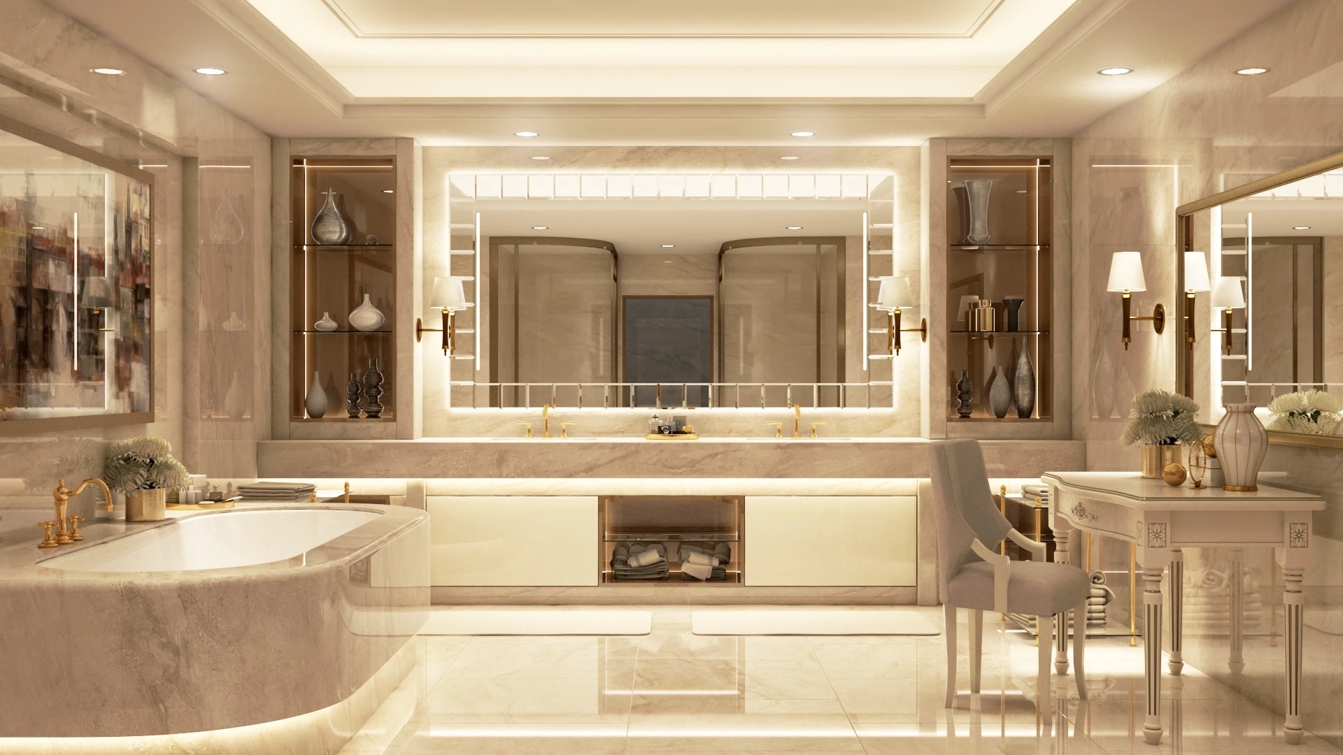 Luxurious hotel bathroom with chic fittings and a cozy frameless backlit mirror from Ajman.
