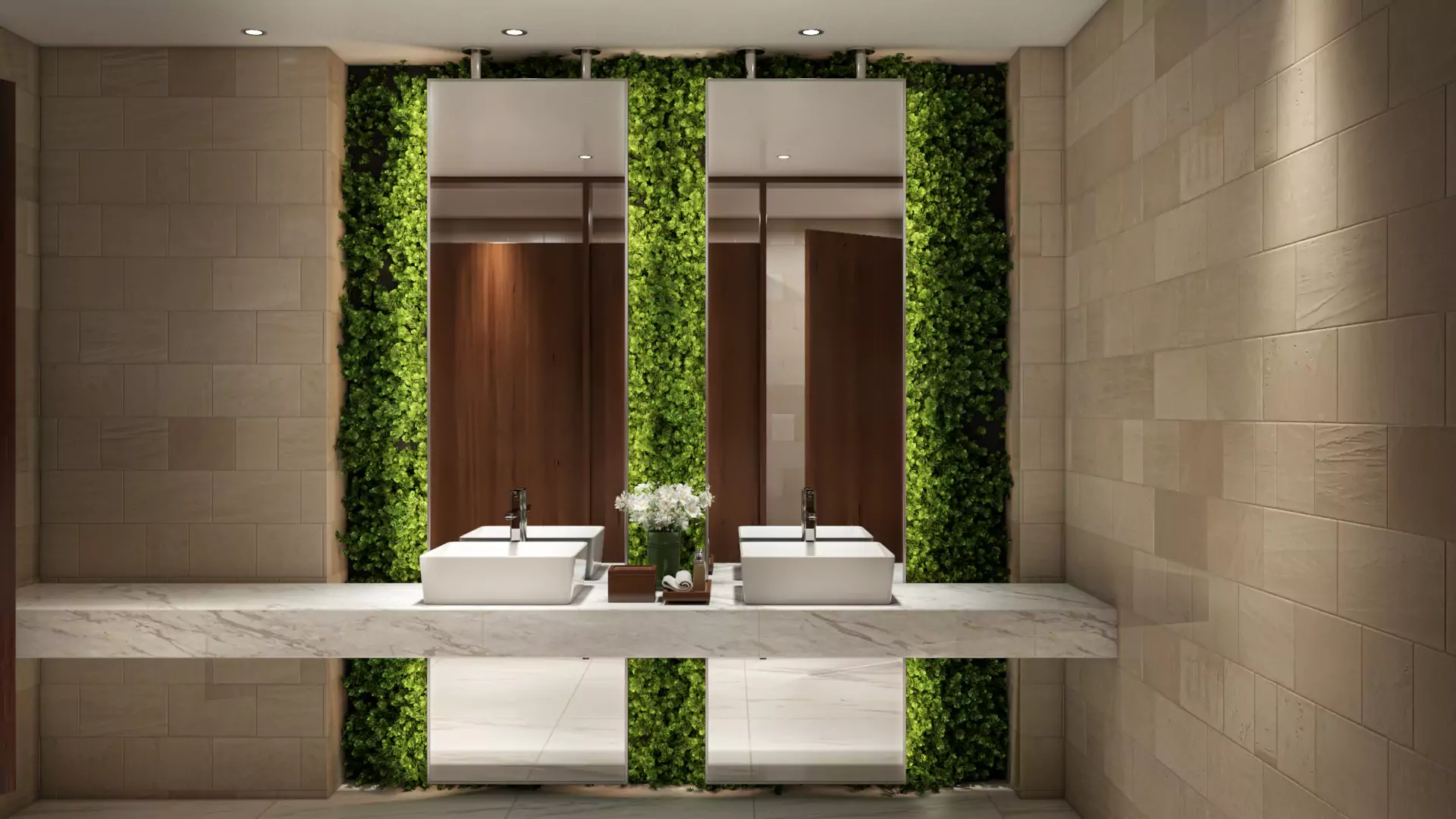 Ajman large bathroom featuring two elegant ceiling-mounted mirrors and a sumptuous double sink.