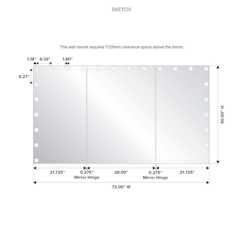 Trifold Grand Mirrors Lux with walnut frame, mirror sizing, instructions, and descriptions in Ajman.