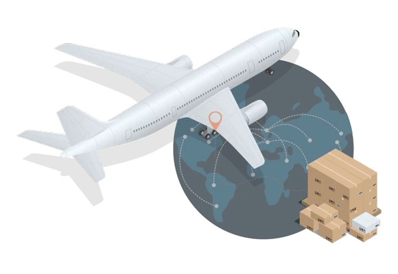 Illustration of a white airplane flying over a stylized blue globe and cartons at the side in Ajman.