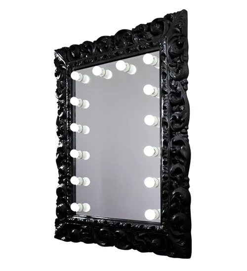 Al Ain black unique framed mirror with light bulbs along the borders in vertical orientataion.
