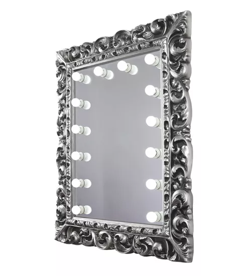 Mirror with a silver unique frame and built-in light bulbs surrounding the mirror in Al Ain.