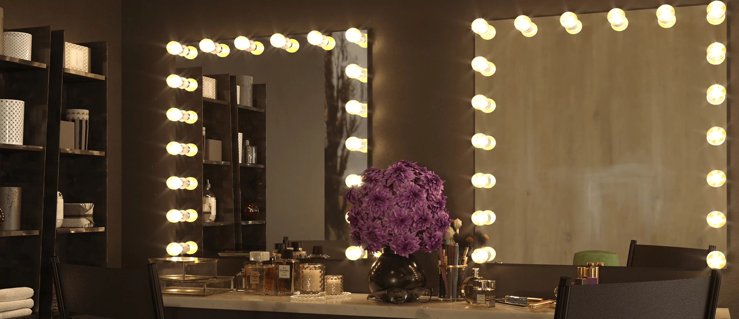 Hollywood vanity mirror with beauty supplies and a purple flower in a vase from Bahrain.