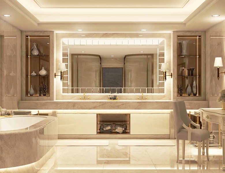 A grand bathroom with beautiful marble floors and frameless backlit mirror from Bahrain.