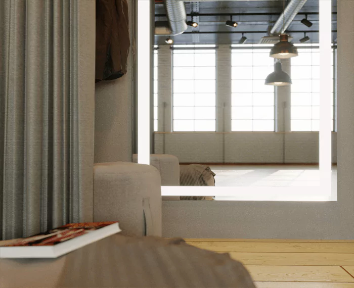 Lighted mirror with a reflection of large single hung windows in a fitting room in Bahrain.