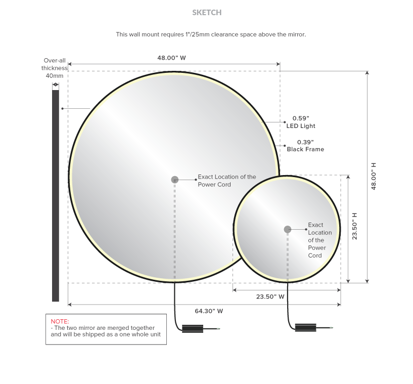 Moon shaped custom lighted mirror with curved edges and measurements of the mirror in Bahrain.