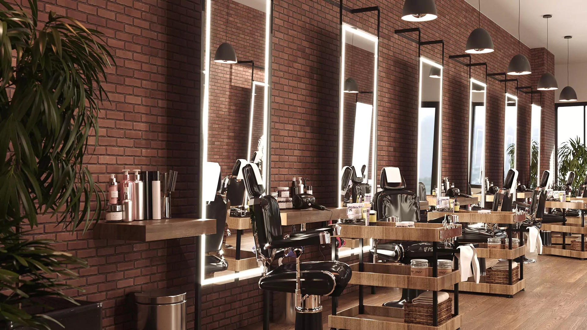A barbershop with a wall mounted lit mirror, chic seats, and salon accessories in Bahrain.