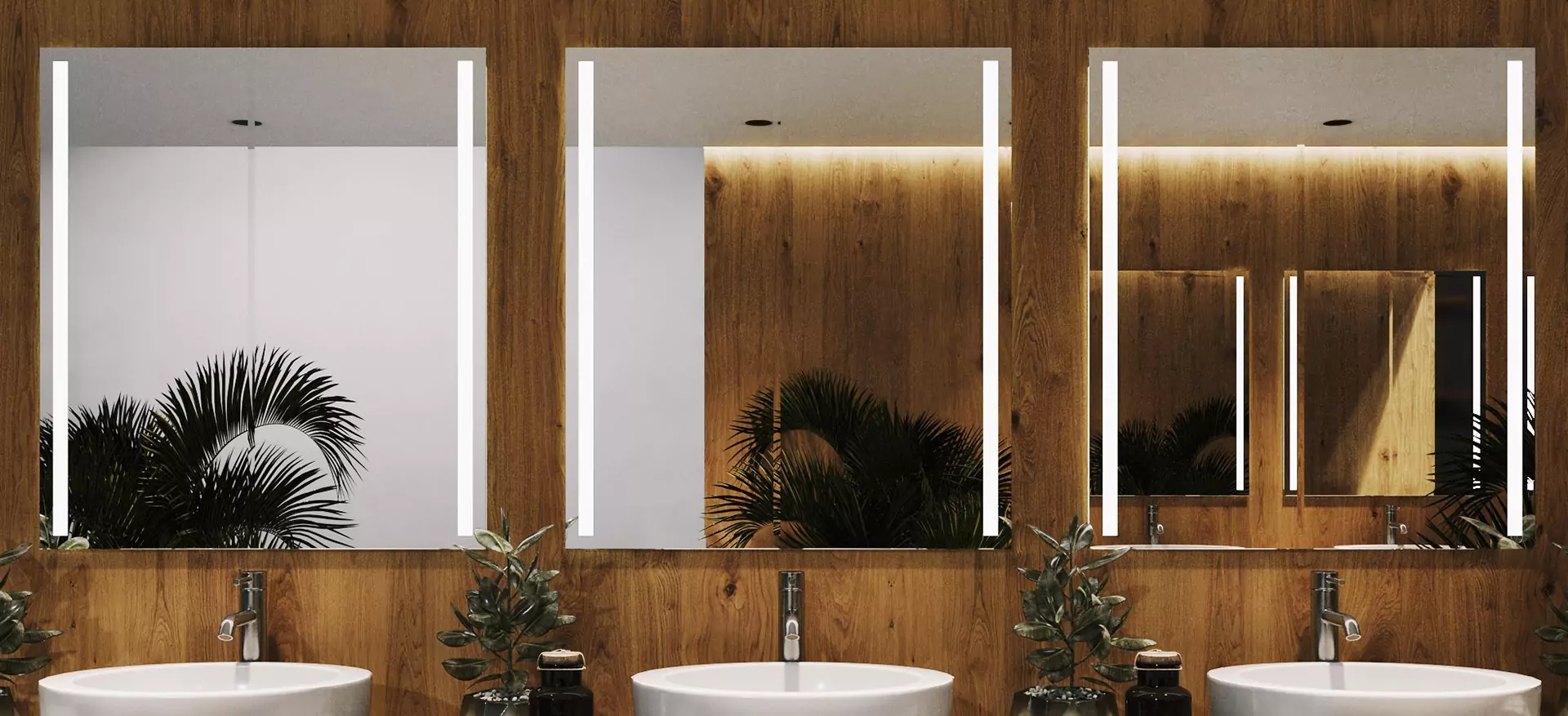 A wooden wall mounted with a boxy custom lighted mirror above the white ceramic sinks in Bahrain.