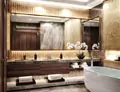 Tiny of a wooden framed mirror with lighting that appears great in a bathroom from Bahrain.