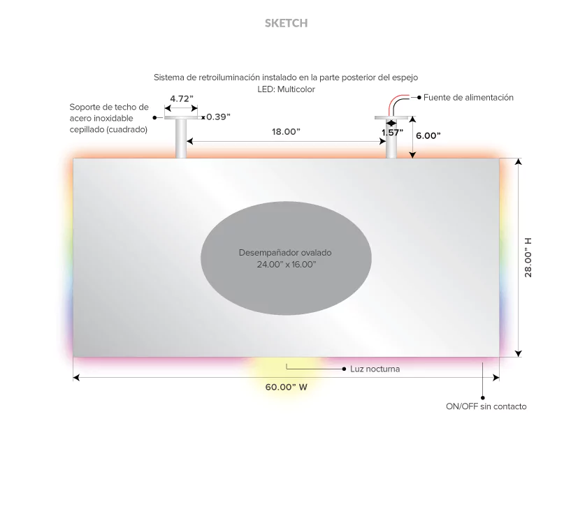 Drawing of multi-colored LED backlight mirror with oval defogger and its dimensions.