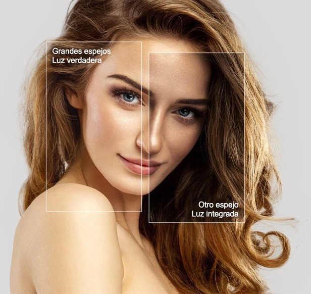 Comparison of reflection of a woman in evervue lighted mirrors and other lighted mirrors in Oman.