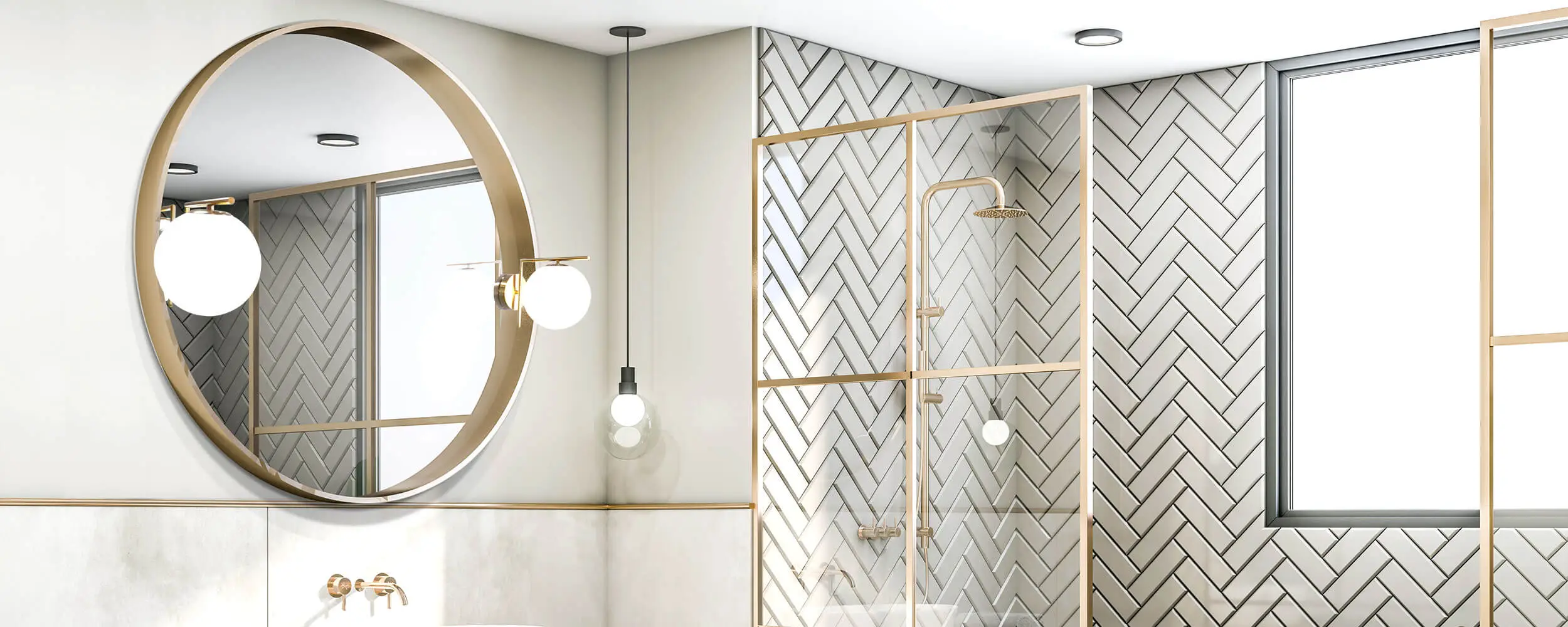 A shower room shows a hanging lamp and Moglia bulb in the classy modern mirror from Abu Dhabi.