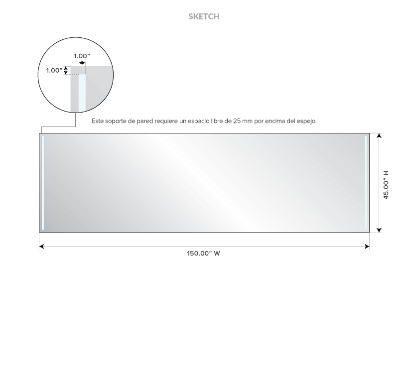Drawing of a portrait trifold illuminated mirror with its detailed dimensions.