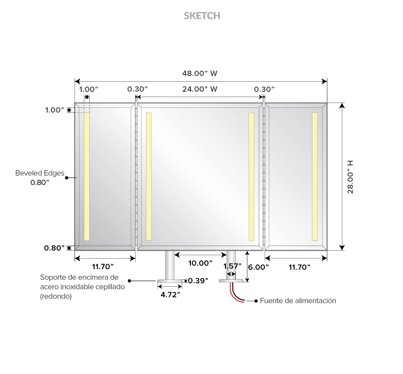 Countertop mount illuminated mirror with beveled edges and detailed dimensions.