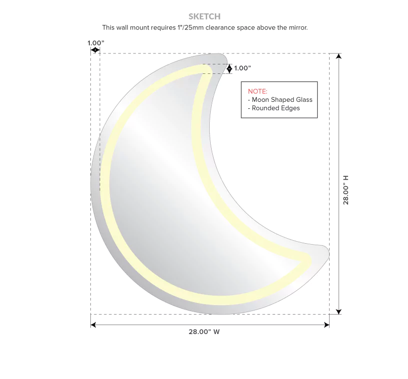 Moon-shaped lighted mirror with rounded edges and precise measurement in Dubai