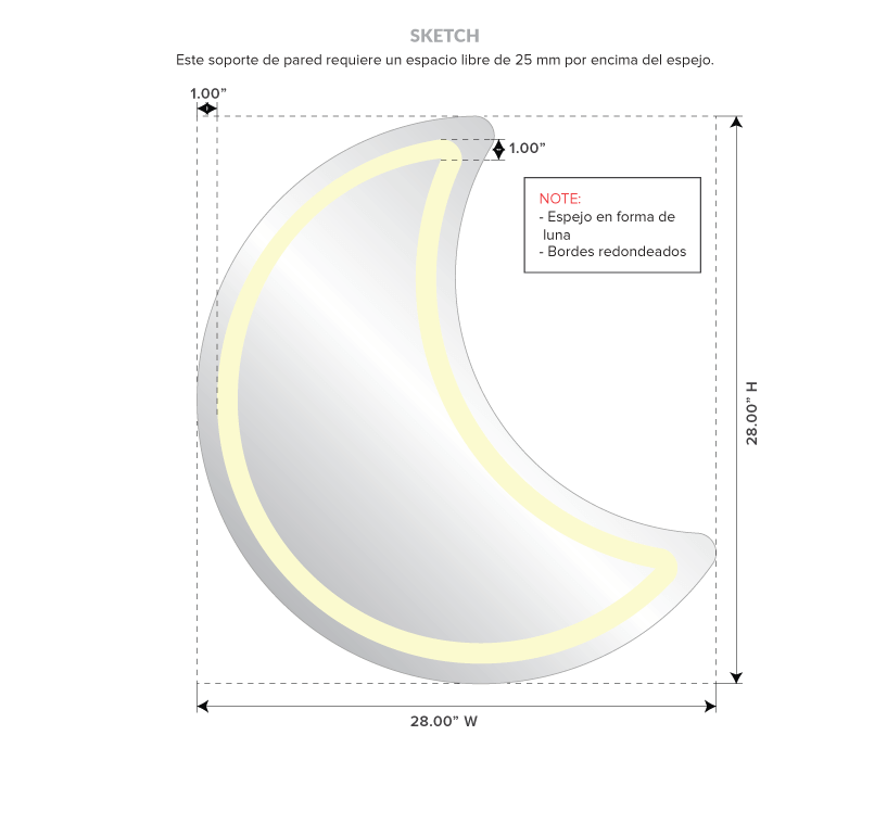 Moon-shaped lighted mirror with rounded edges and precise measurement.