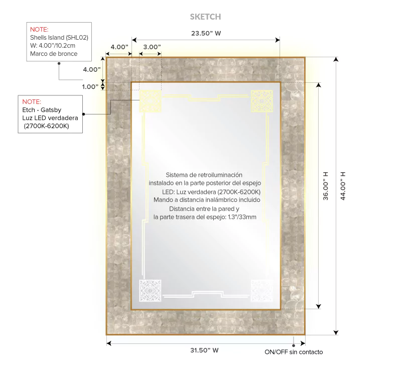 Drawing of a backlight mirror with a shell island frame design and dimensions.