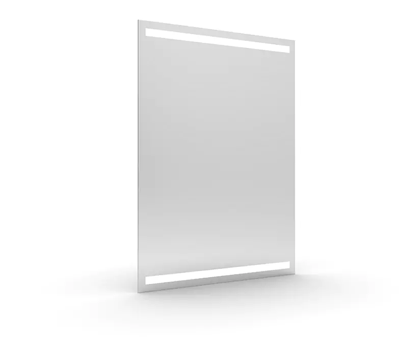 A mirror stands alone in a white space with light strips on top and bottom.