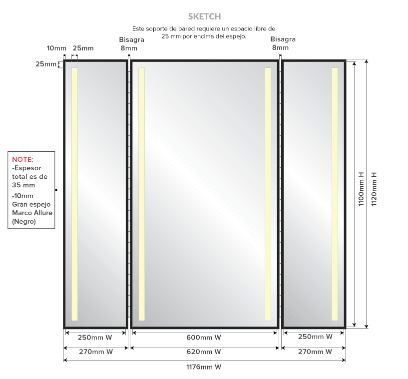 Drawing of a trifold custom-made lighted mirror with specifications and dimensions.