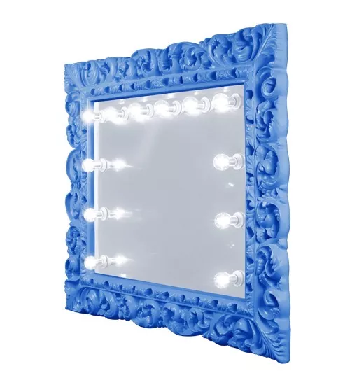 Dubai bright blue framed mirror with an elaborate design and light bulbs around the inner border.