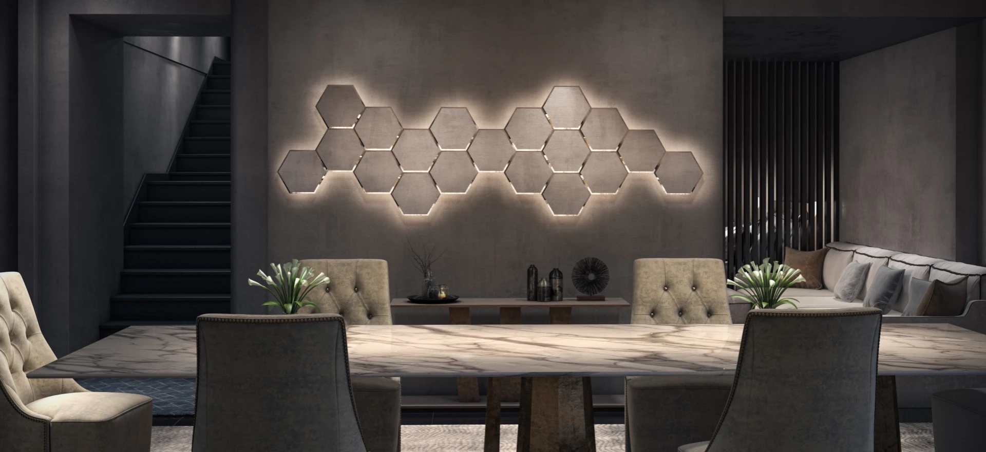 Long table and chairs are placed in a dining room with custom shaped wall lighted mirror from Dubai.