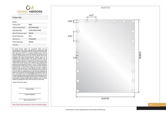 Hollywood mirror with descriptions regarding its specifications and a white background in Dubai.