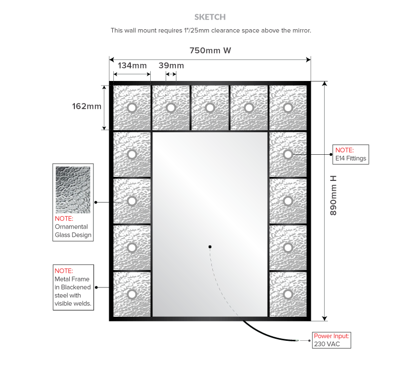 Dubai energy efficient mirror in etch waves design, mirror measurement, specifications, and details.