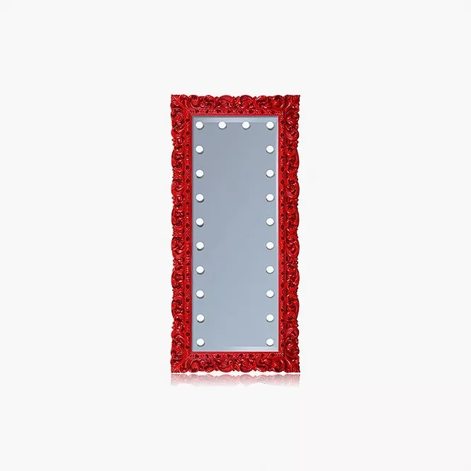Luxury rectangular red baroque framed mirror with light bulbs integrated into its frame in Dubai.