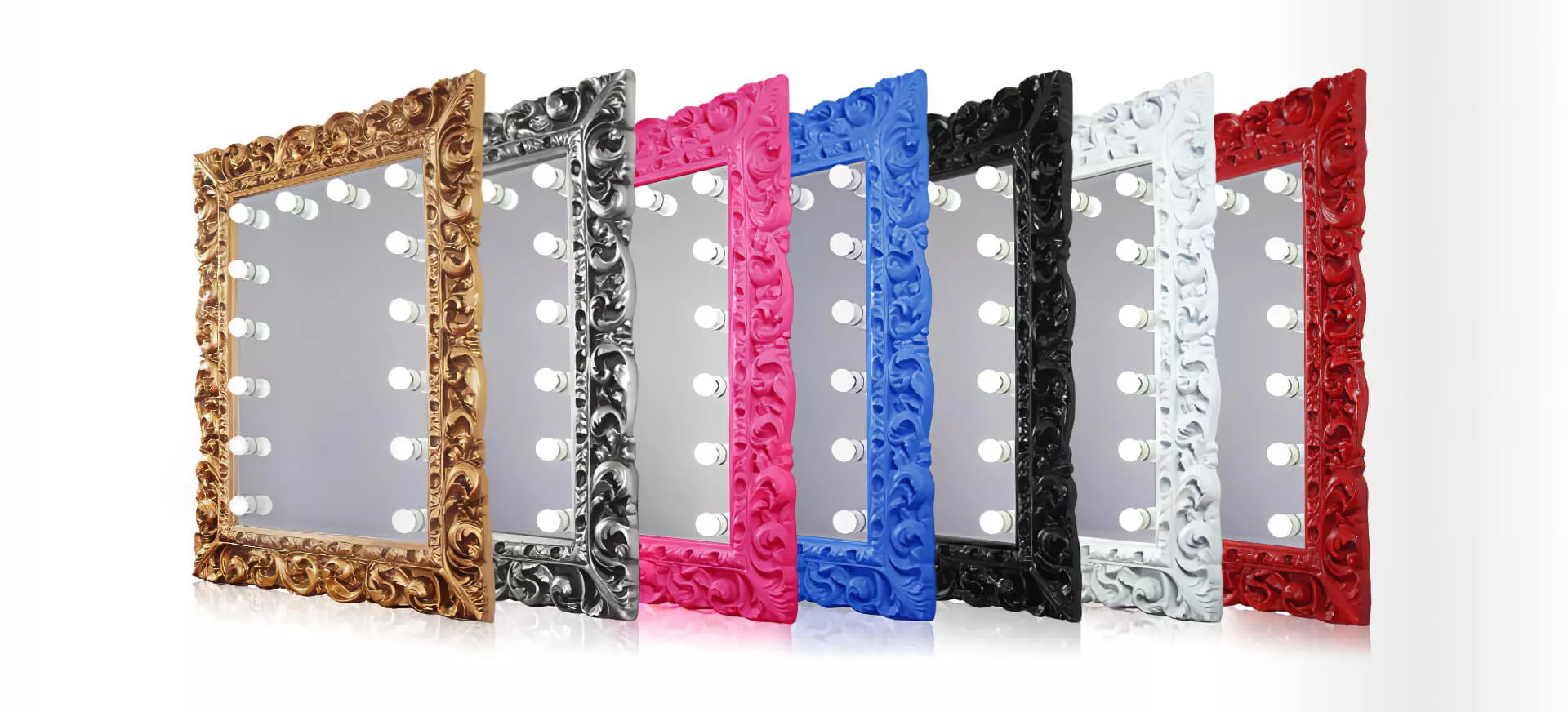 Baroque framed mirrors, equipped with bulbs, in different colors on a white background in Dubai.