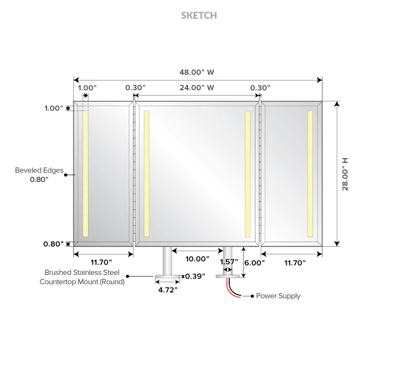 Dubai lighted mirror with a rectangular defogger at the middle with measurements and descriptions.