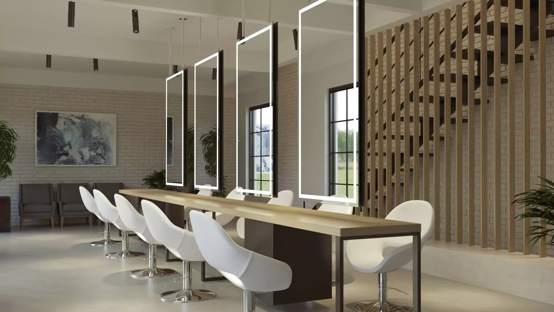Makeup space with lighted mirrors above a wooden table and white plastic hydraulic chairs in Dubai.