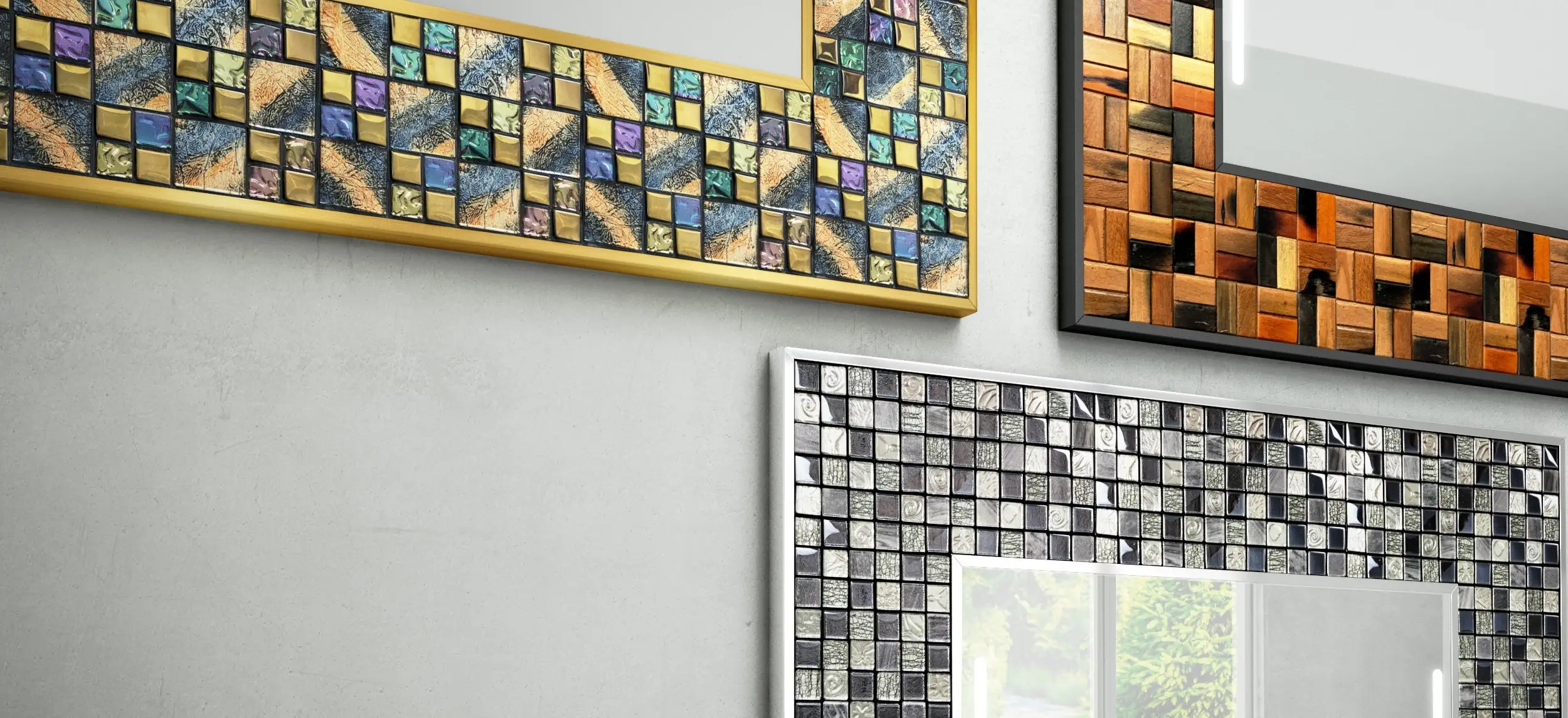 A no fog framed mirror with three vibrant mosaic frame designs is set on the wall from Dubai.