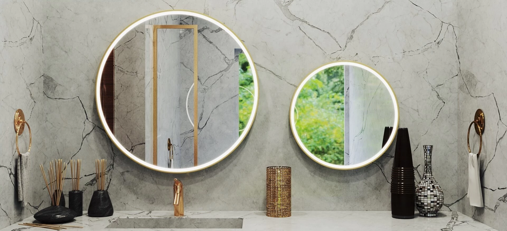 Two round illuminated mirrors on a marble wall with a single sink and bathroom essentials in Dubai.