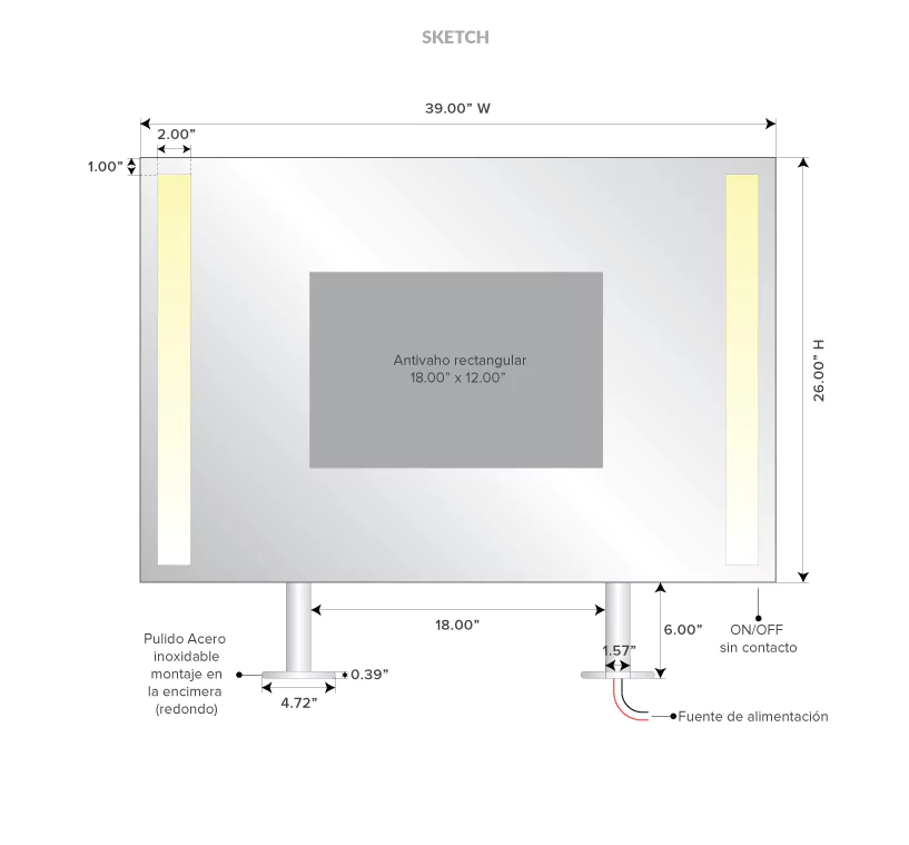 A drawing of a lit mirror shows its dimensions and a rectangle defogger in the middle.