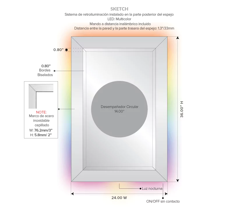 Drawing of multi-colored LED backlight mirror with circle defogger with its dimensions.