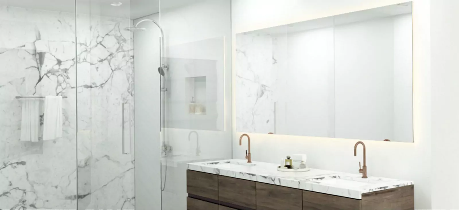 Over a modern double sink, a frameless backlit mirror is installed on white bathroom wall in Qatar.