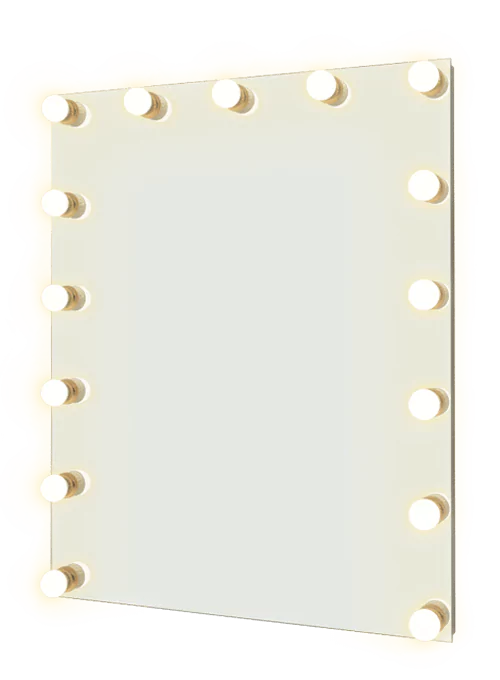 A rectangular-shaped lighted mirror with frosted warm light bulbs.