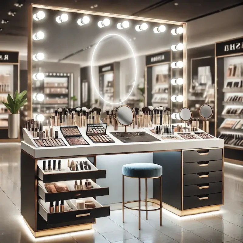 Well-lit makeup counter with multiple mirrors, showcasing beauty products display in Fujairah.