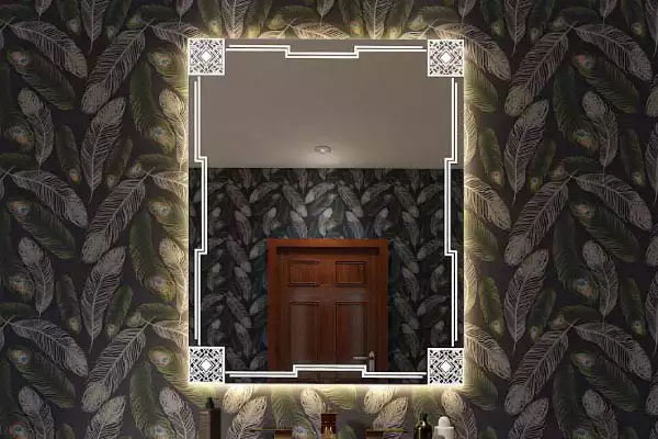 Gatsby Grand Mirrors Etch mounted on a wall with feather design and a reflection a door in Qatar.