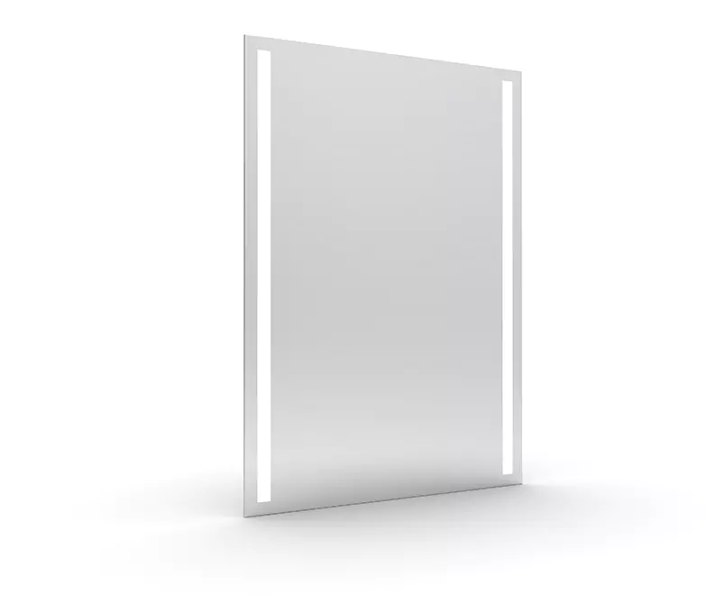 An elegant mirror with light strips on either side stands on a clean area.