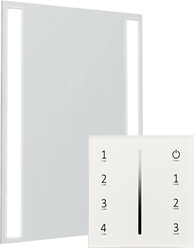 LUX mirror in Model A and a light switch control in a white plain background from UAE.