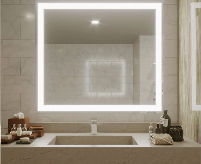 Illuminated mirror in dubai incorporated into an ivory matt tiled wall above a single valve.