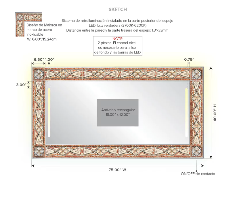 Malorca framed backlighted mirror with its specifications and dimensions.