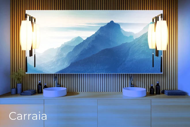 A double white sink is a rectangle led mirror with Carraia lamp mounted on a wooden wall in Sharjah.