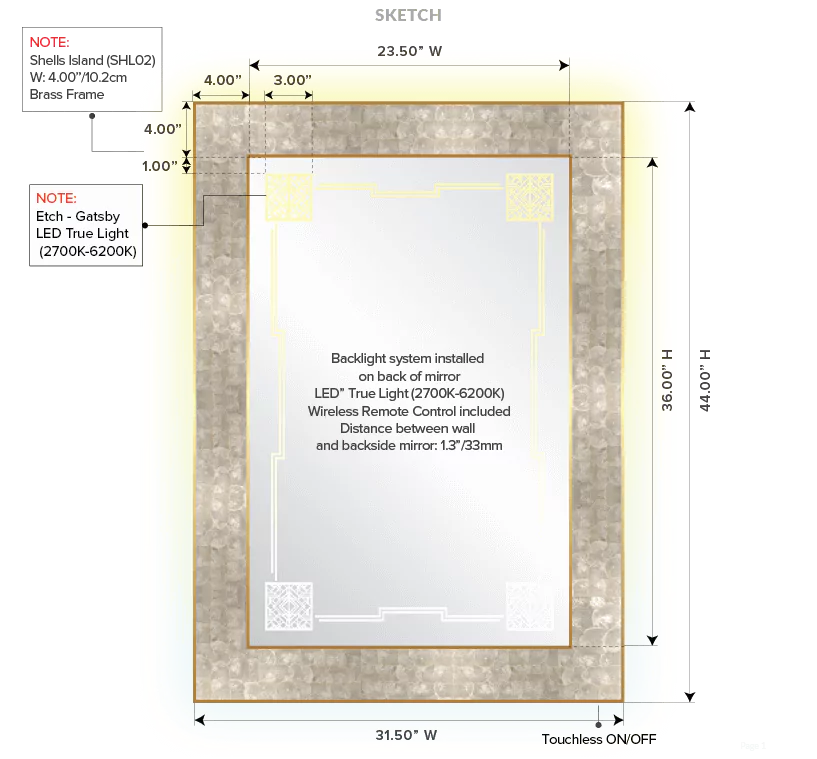 Grand Mirrors custom with measurements, specifications, and a backlight installed in Kuwait.
