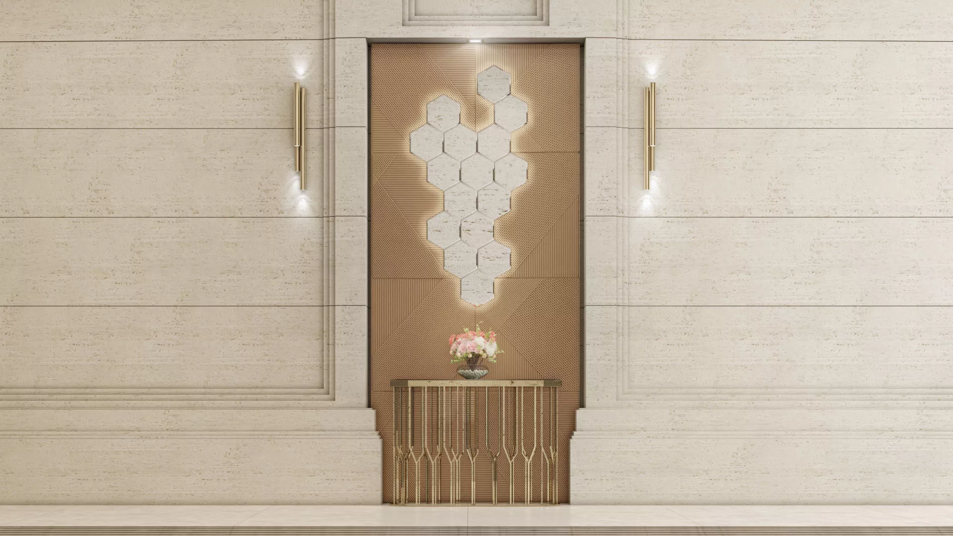 Elegant hallway featuring a bathroom hexagonal mirror and a distinctive modern light from Kuwait.