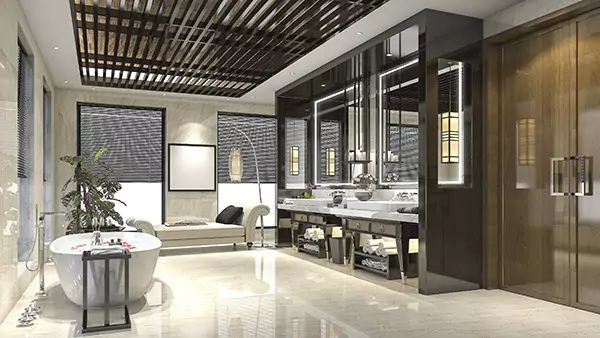 Preview of bathroom in a hotel with a bathtub, sofa, and vanity mirrors above two sinks in Kuwait.